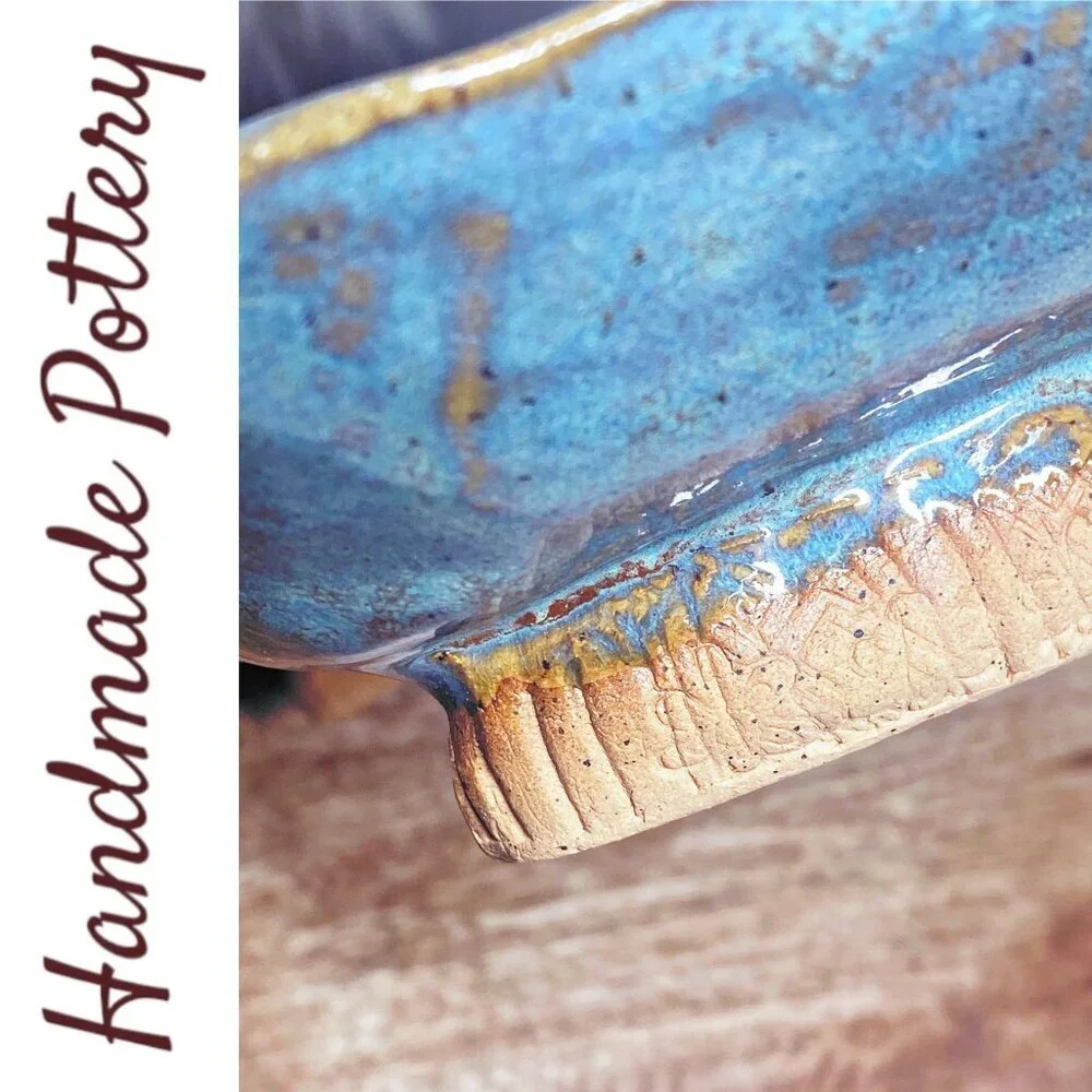 HANDMADE ARTISAN FOOTED TURQUOISE BROWNSTONE‎ TRAY Rectangular Glazed